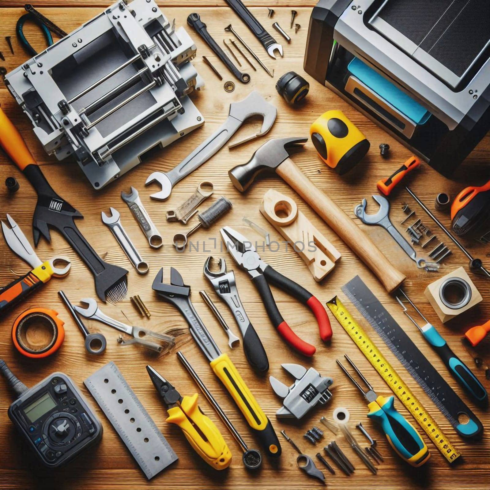 A flat lay shot of a variety of tools and hardware on a wooden surface. The tools include wrenches, pliers, a hammer, a measuring tape, and screws. A high-quality AI-generated photo.
