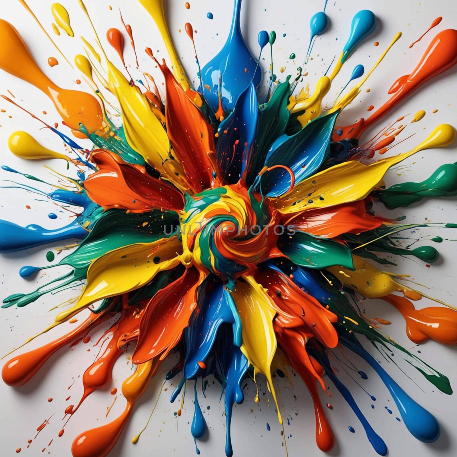 A vibrant, colorful explosion of paint splatters in shades of red, yellow, green, blue, and orange. The splatters create a chaotic and energetic composition. A high-quality AI-generated photo.