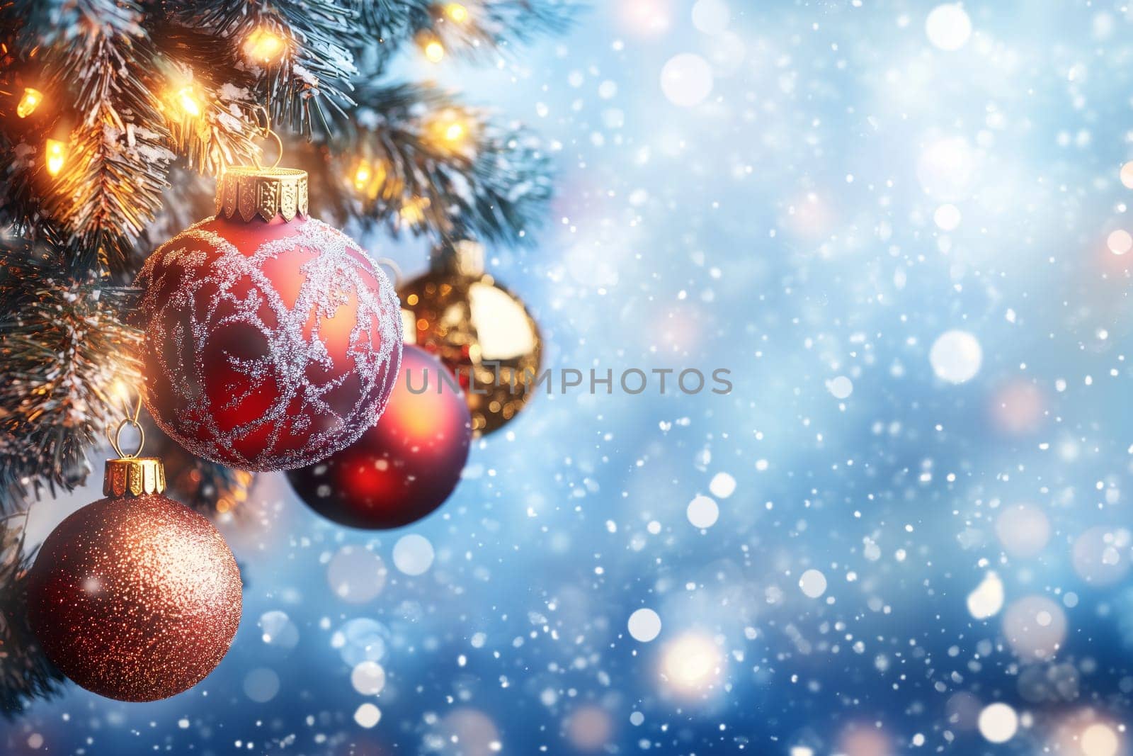 Christmas card with baubles tree and copyspace copy space invitation created with generative ai