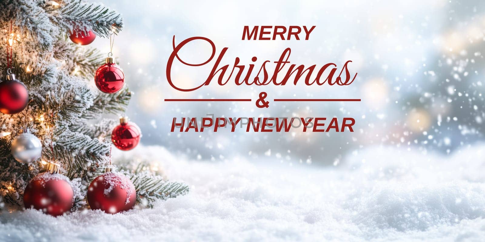 Merry Christmas card greetings with balls tree winter snow and copyspace copy space snowing created with generative ai