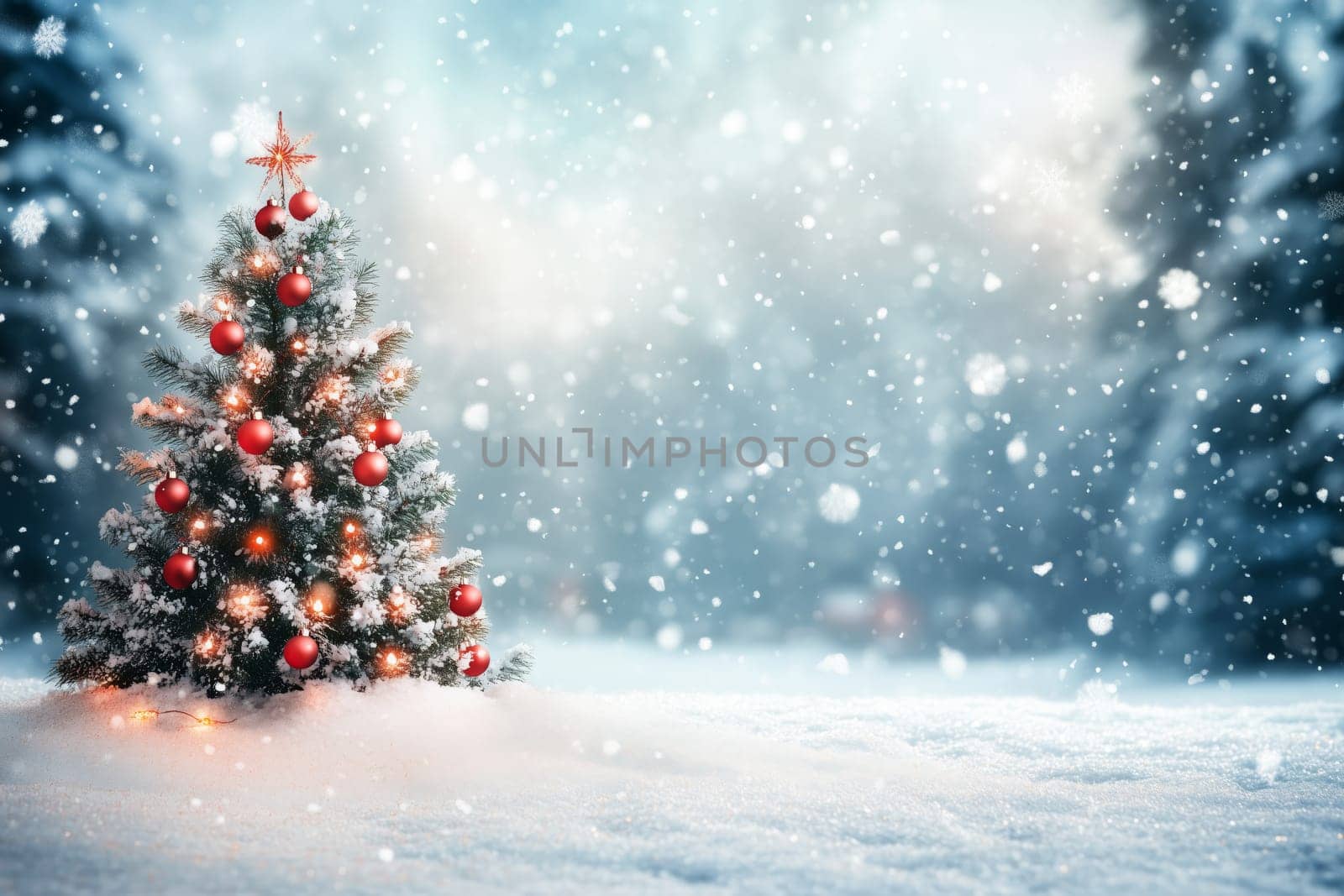 Christmas card with tree winter snow and copyspace copy space snowing created with generative ai
