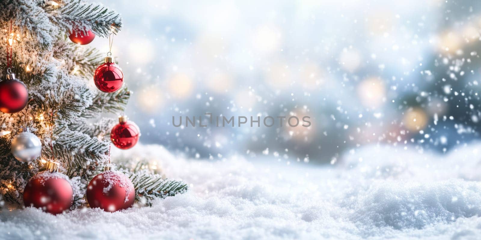Christmas card with balls tree winter snow and copyspace copy space snowing panorama created with generative ai