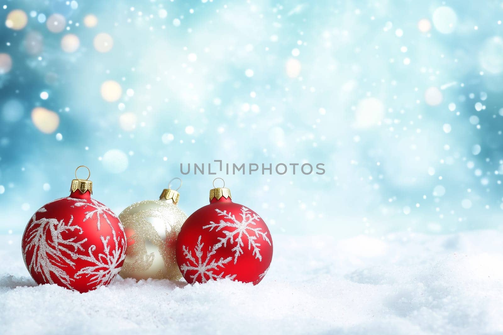 Christmas card with baubles snow and copyspace copy space snowing created with generative ai