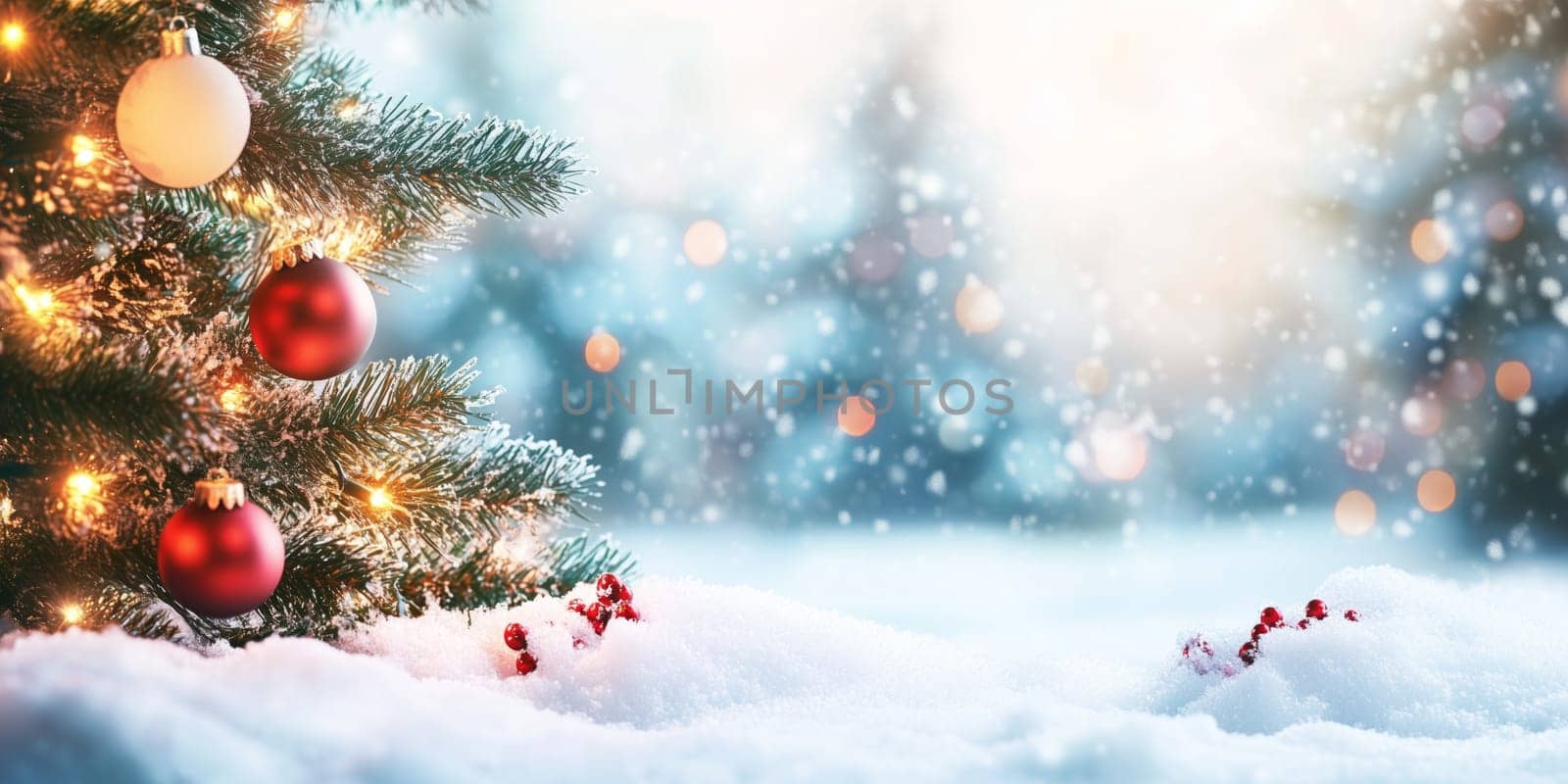 Christmas card with balls tree winter snow and copyspace copy space panorama snowing created with generative ai