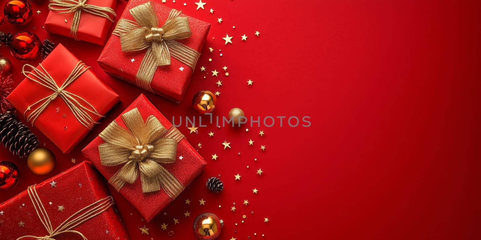 Christmas background card with red gifts panorama and copyspace copy space decoration created with generative ai