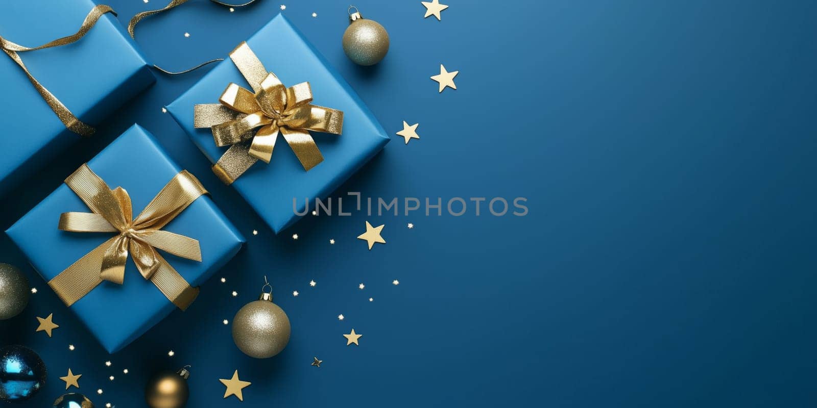Christmas background card with blue gifts and copyspace copy space decoration panorama created with generative ai
