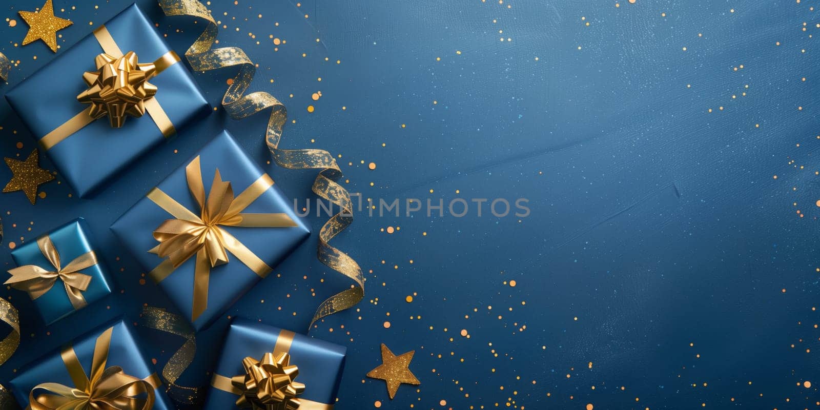 Christmas background card with blue gifts and copyspace copy space panorama decoration created with generative ai