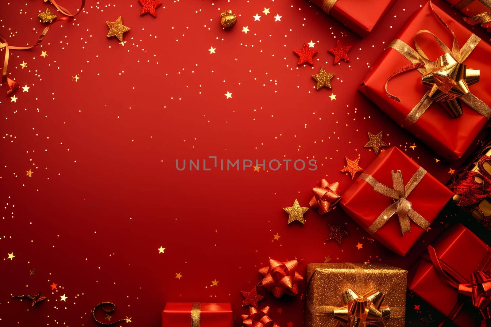 Christmas background card with red gifts and copyspace copy space decoration created with generative ai