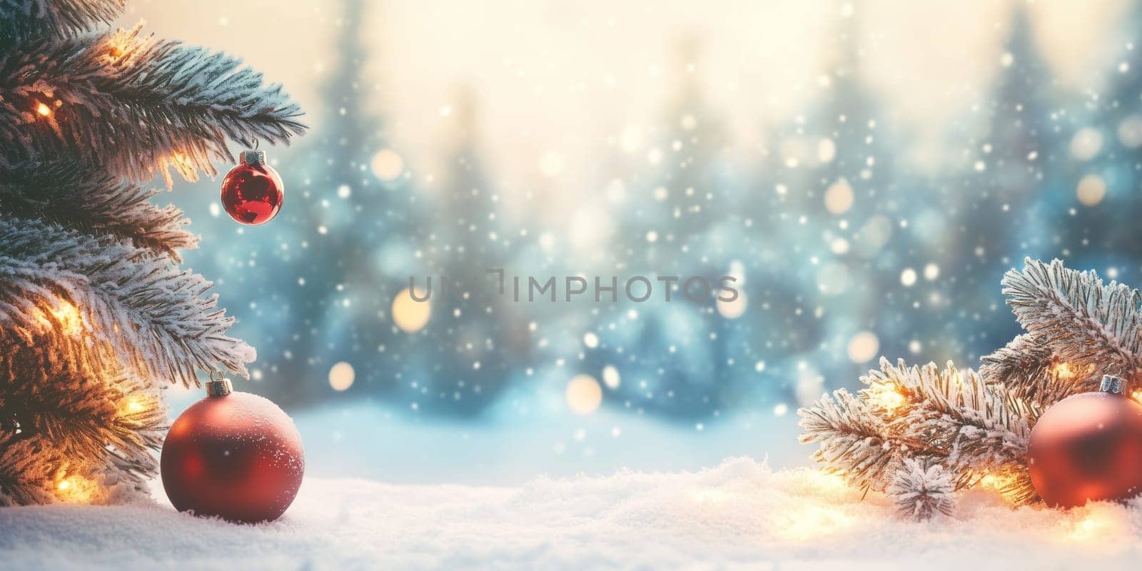 Christmas card with balls tree winter snow and copyspace copy space snowing panorama created with generative ai