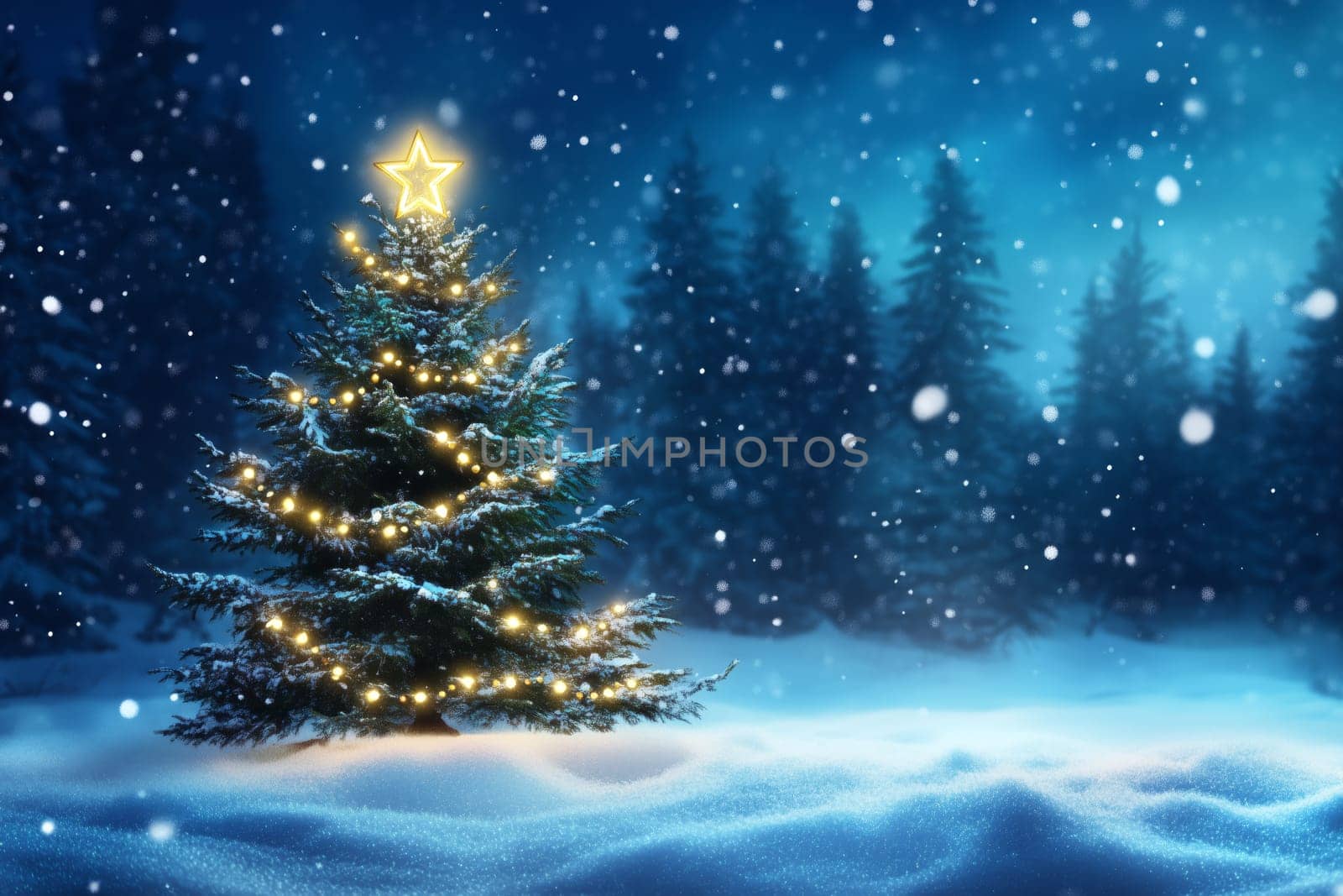 Christmas card with tree winter snow and copyspace copy space snowing created with generative ai