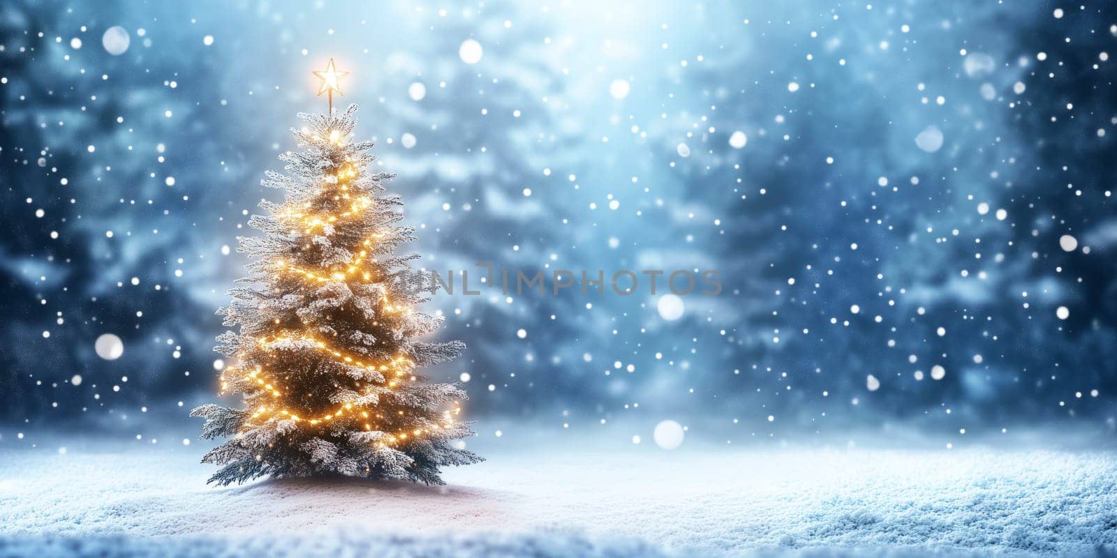 Christmas card with tree winter snow and copyspace copy space snowing panorama created with generative ai