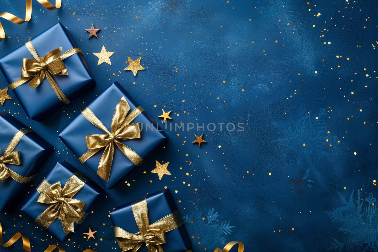 Christmas background card with blue gifts and copyspace copy space decoration created with generative ai