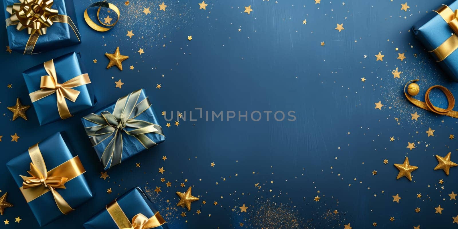 Christmas background card with blue gifts and copyspace copy space decoration created with generative ai