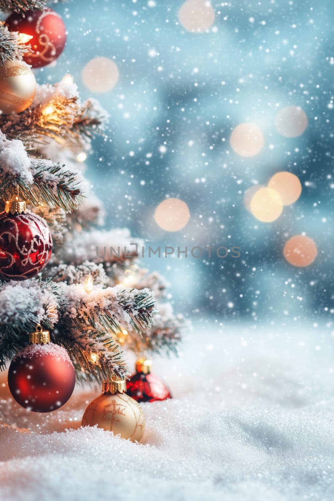 Christmas card with balls tree winter snow and copyspace copy space snowing portrait format created with generative ai