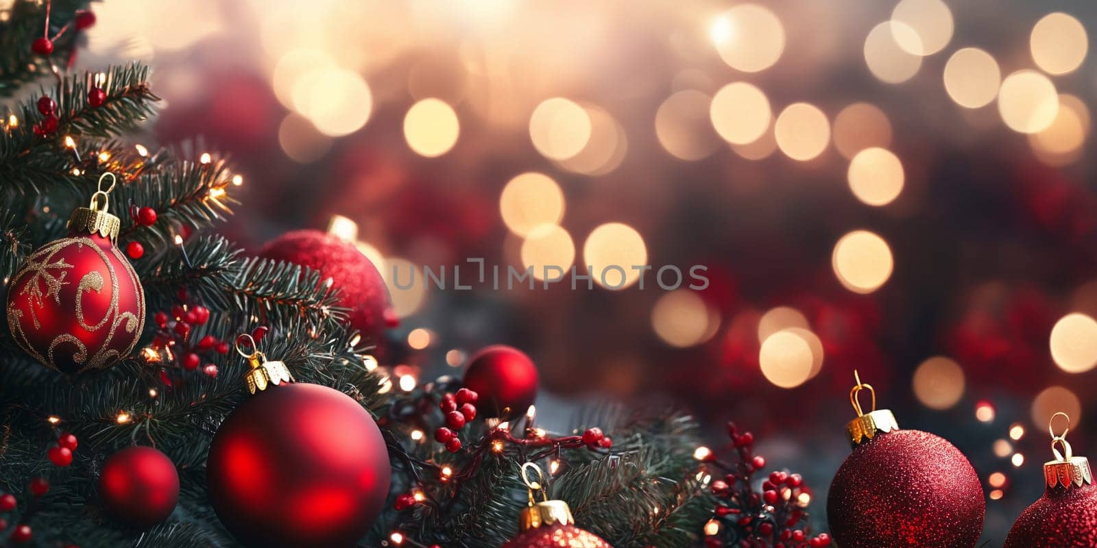 Christmas baubles tree and copyspace copy space panorama invitation created with generative ai