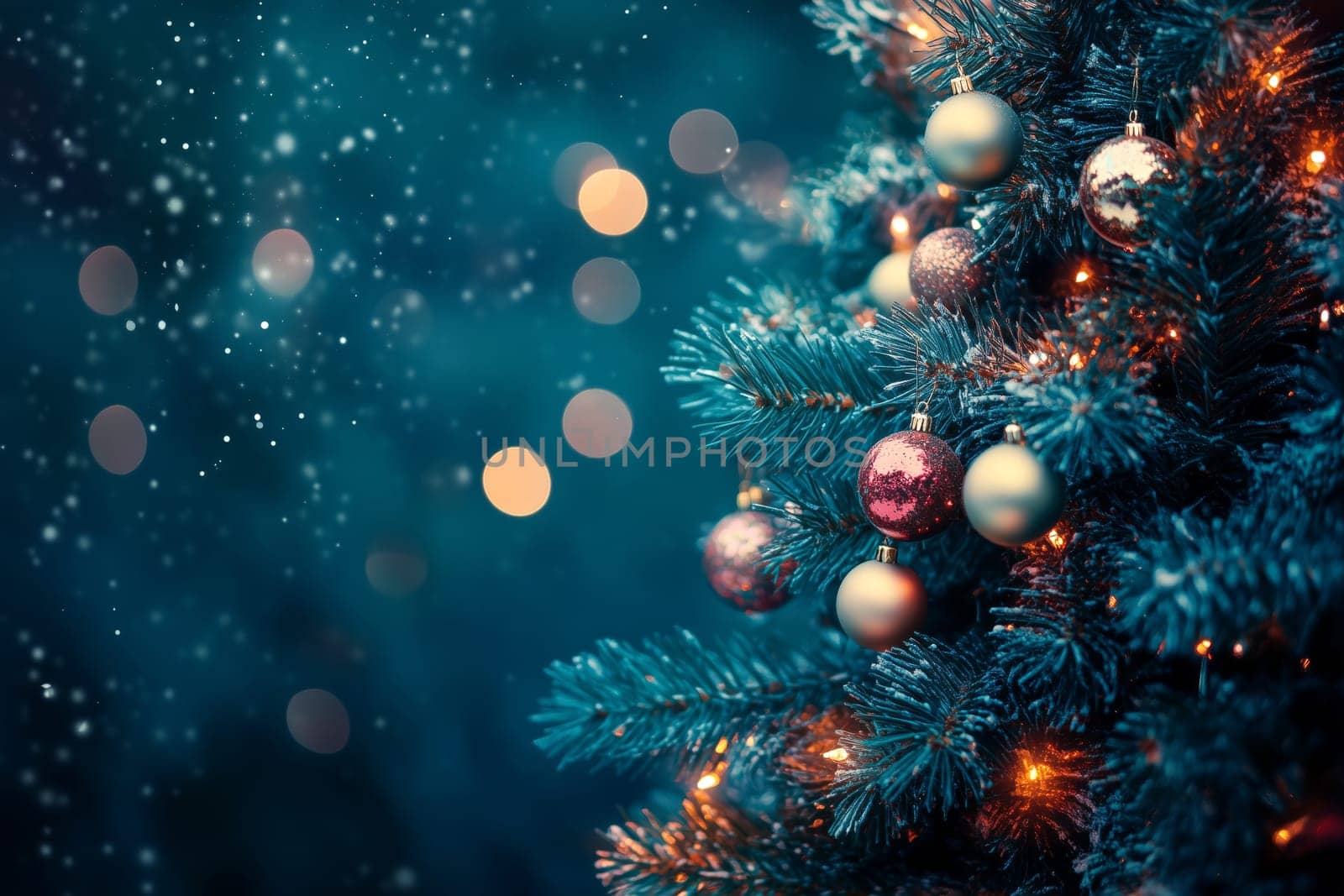 Christmas card with baubles tree and copyspace copy space invitation created with generative ai