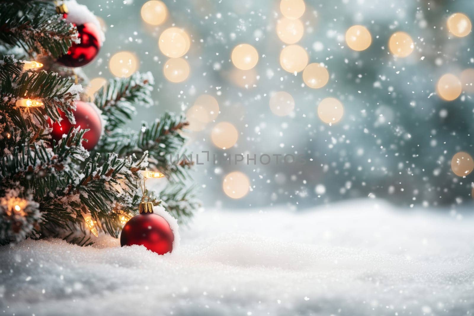Christmas card with balls tree winter snow and copyspace copy space snowing created with generative ai
