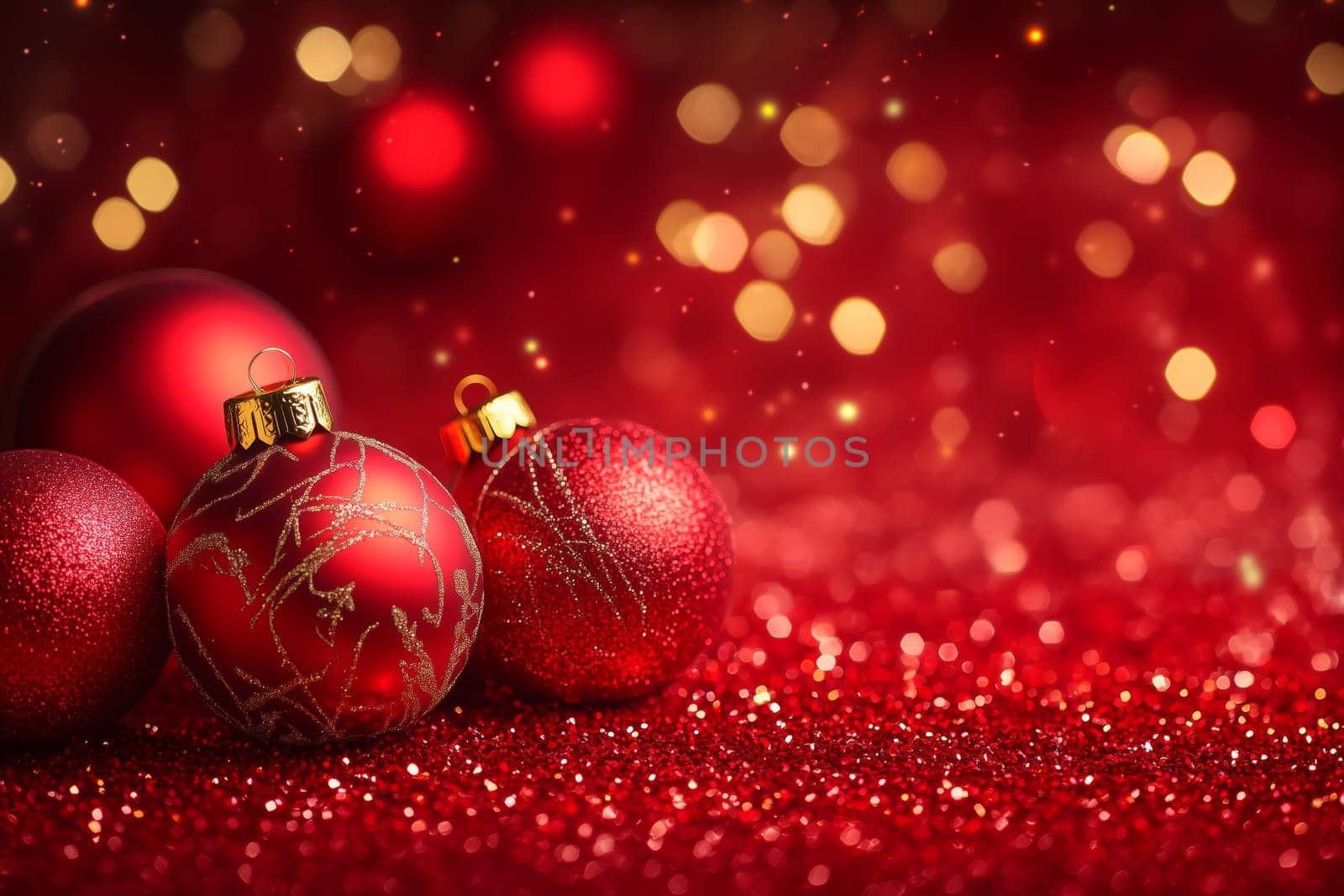 Christmas card with red baubles and copyspace copy space invitation created with generative ai