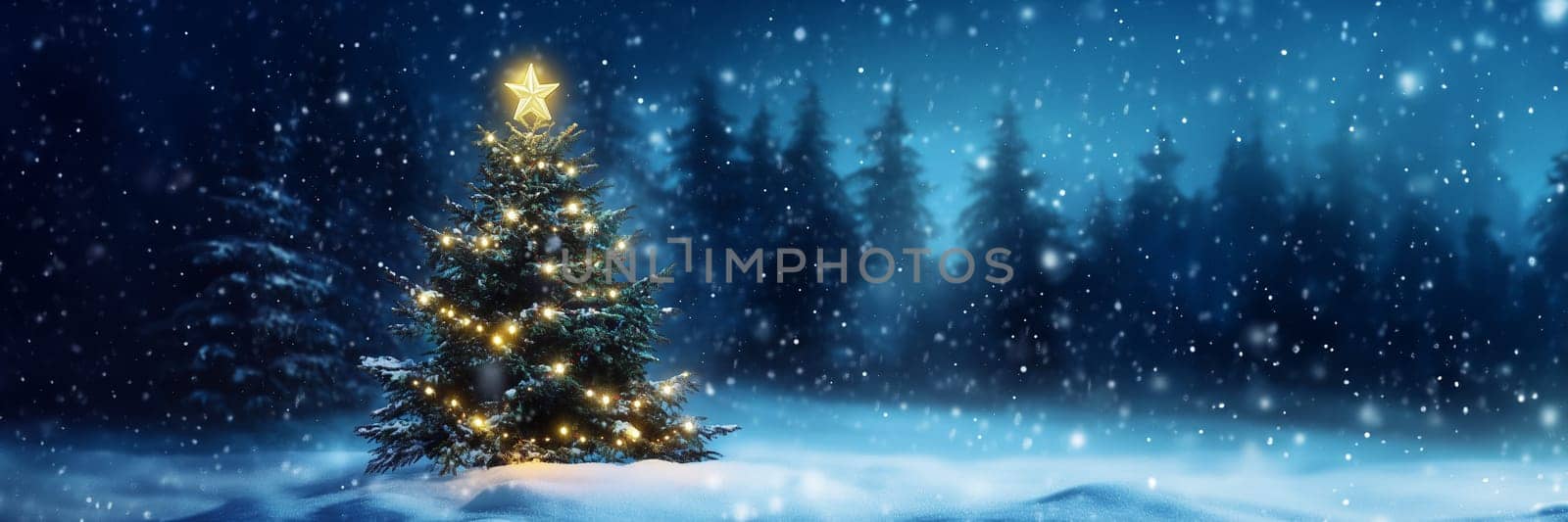 Christmas card with tree winter snow and copyspace copy space snowing banner created with generative ai