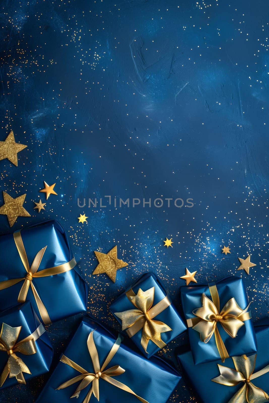 Christmas background card with blue gifts and copyspace copy space decoration portrait format created with generative ai