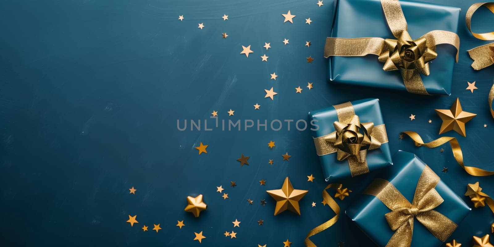 Christmas background card with blue gifts and copyspace copy space decoration panorama created with generative ai