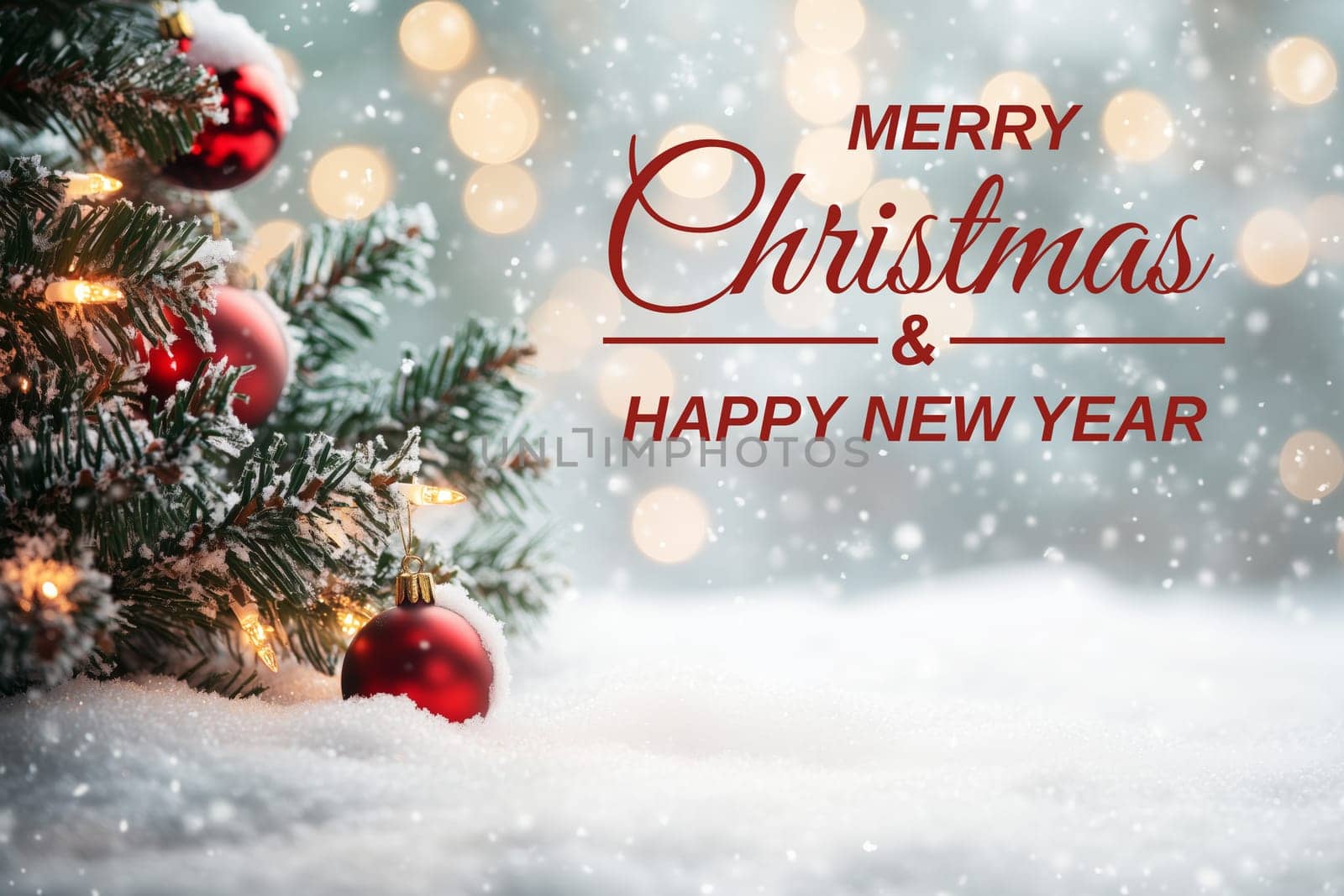 Merry Christmas card greetings with balls tree winter snow and copyspace copy space snowing created with generative ai