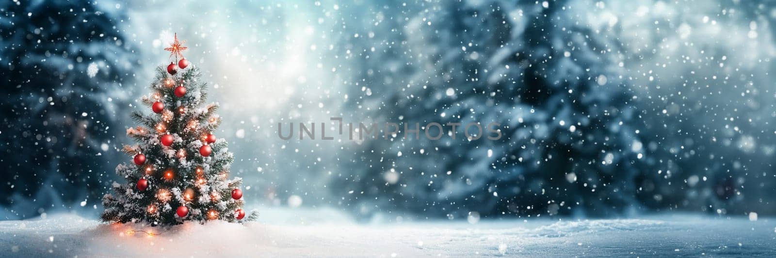 Christmas card with tree winter snow and copyspace copy space snowing panorama created with generative ai