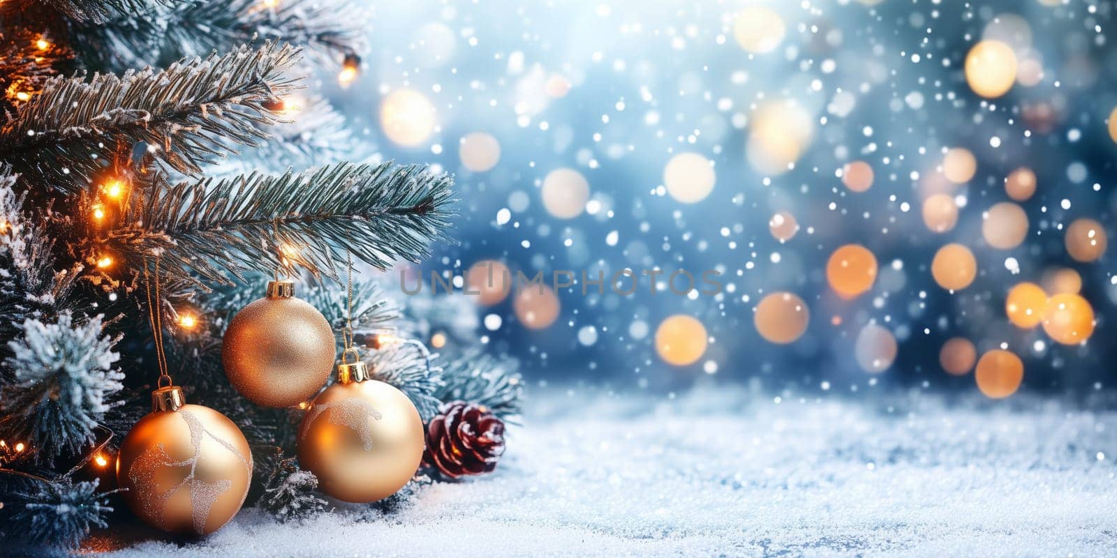 Christmas card with balls tree winter snow and copyspace copy space snowing panorama created with generative ai