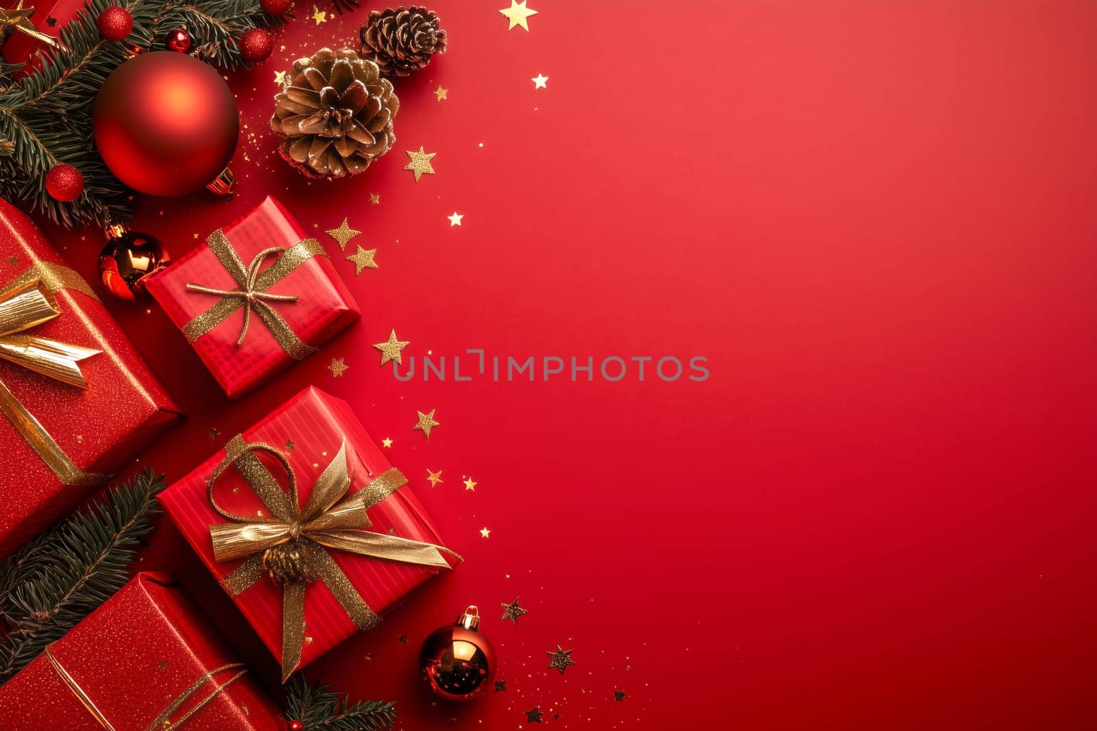Christmas background card with red gifts and copyspace copy space decoration created with generative ai