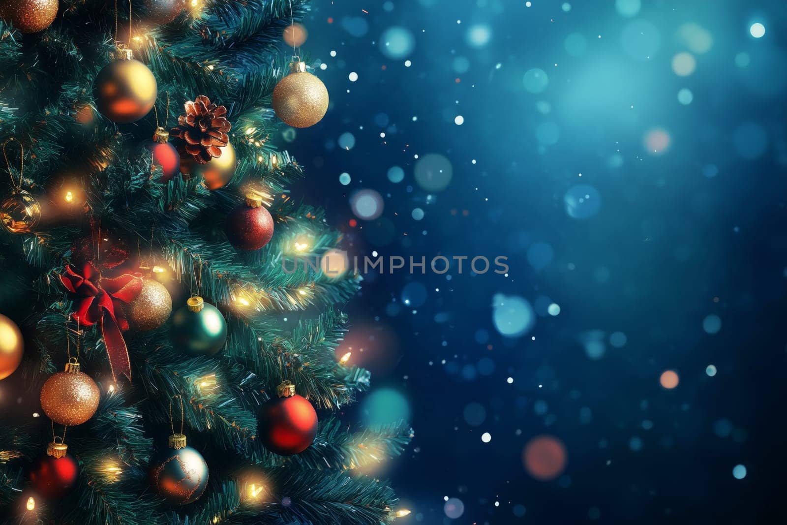 Christmas card with baubles tree and copyspace copy space invitation created with generative ai