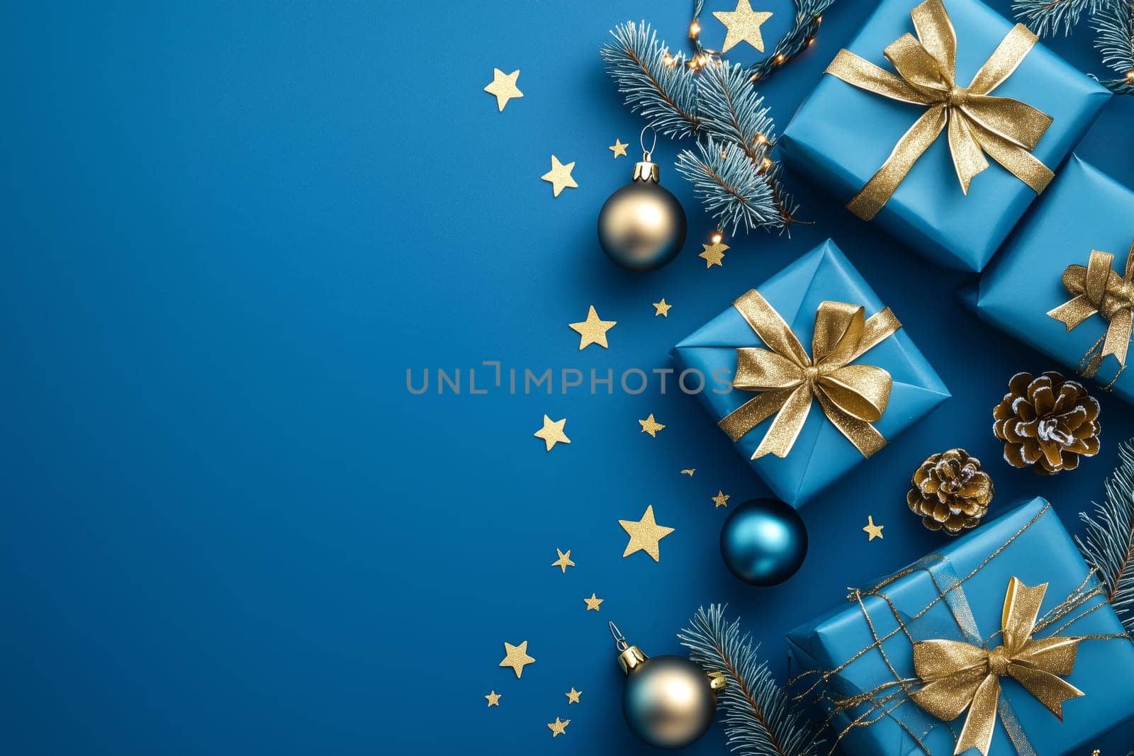 Christmas background card with blue gifts and copyspace copy space decoration created with generative ai