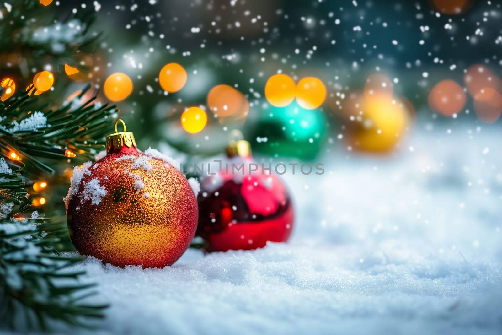 Christmas card with balls tree winter snow and copyspace copy space snowing created with generative ai