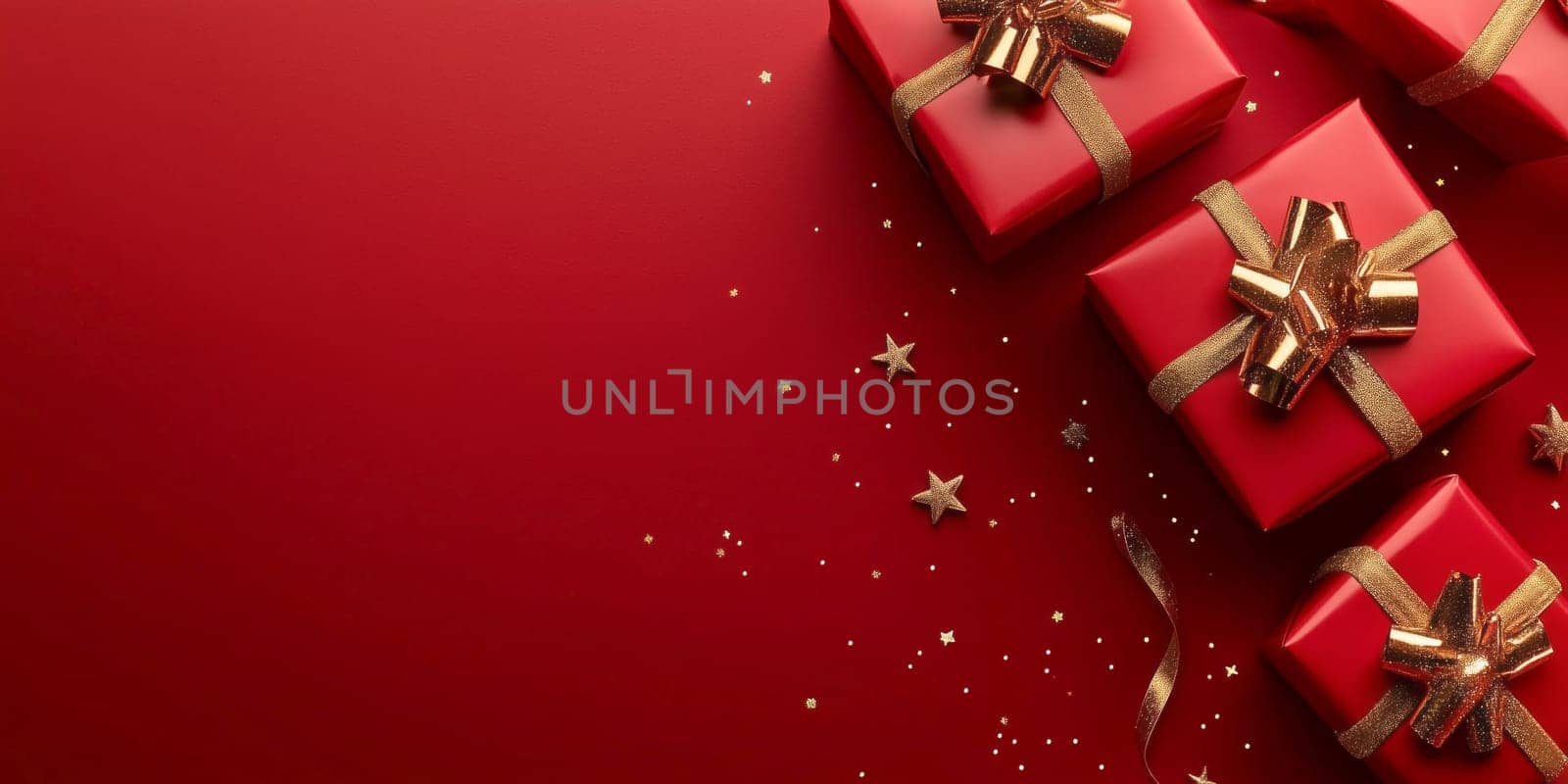Christmas background card with red gifts panorama and copyspace copy space decoration created with generative ai