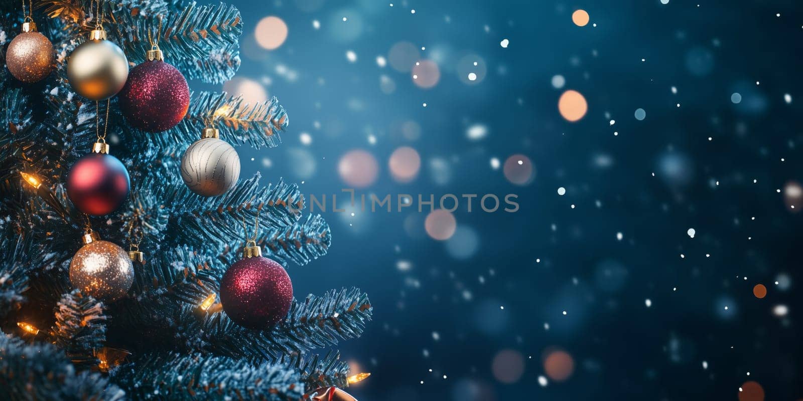 Christmas card with baubles tree and copyspace copy space invitation panorama created with generative ai