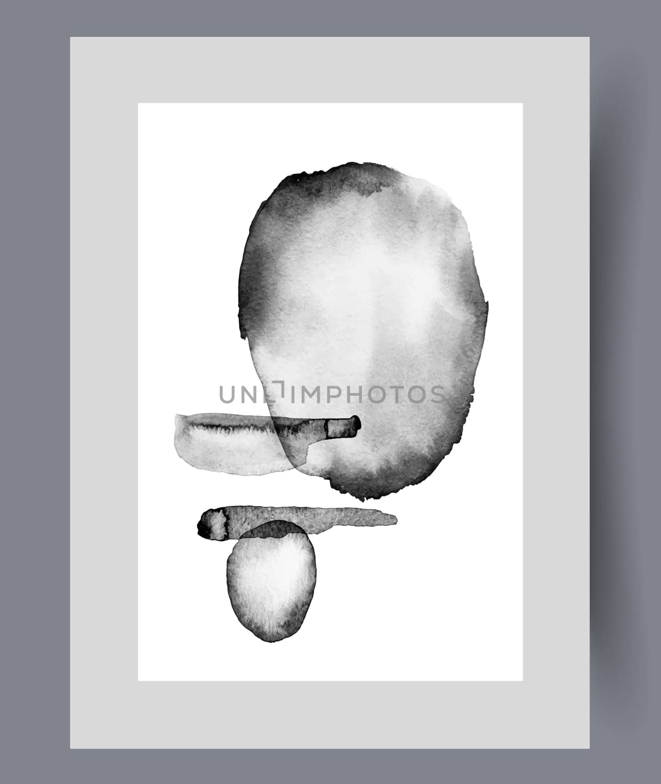 Abstract artwork with monochrome spots and different figures symbolizing chaos or aesthetics. Abstract poster with asymmetrical figures in style of surrealism for minimalist apartment interior design.