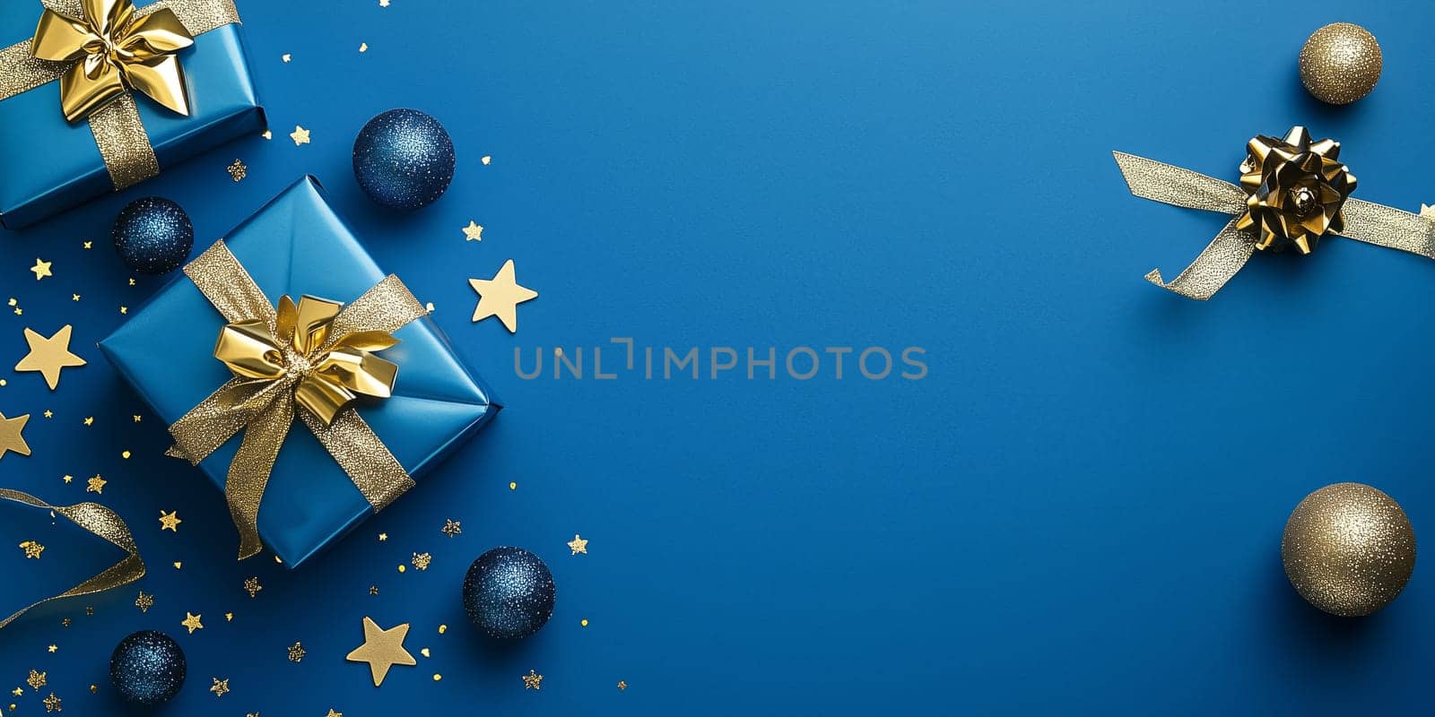 Christmas background card with blue gifts and copyspace copy space decoration panorama created with generative ai