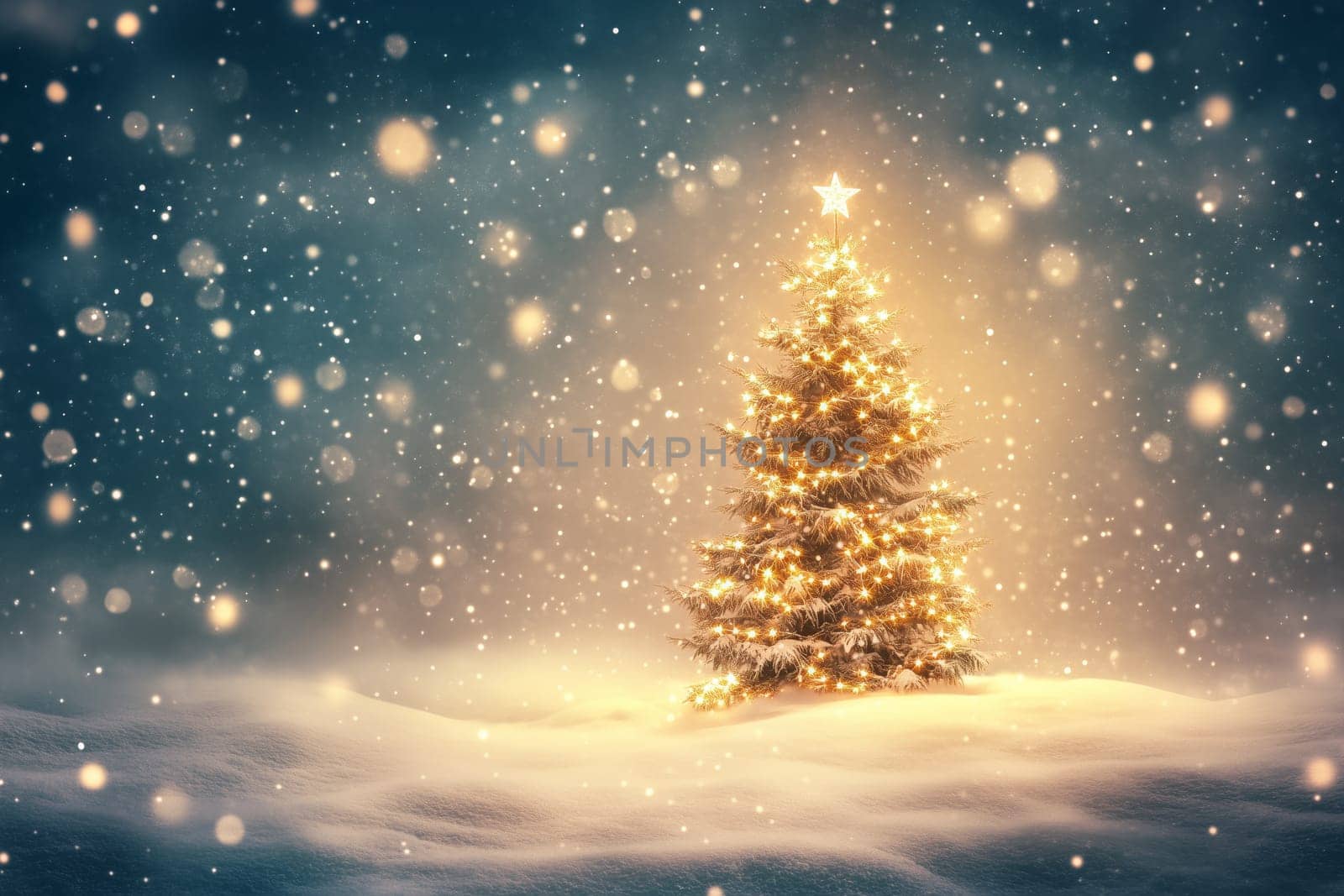 Christmas card with tree winter snow and copyspace copy space snowing created with generative ai