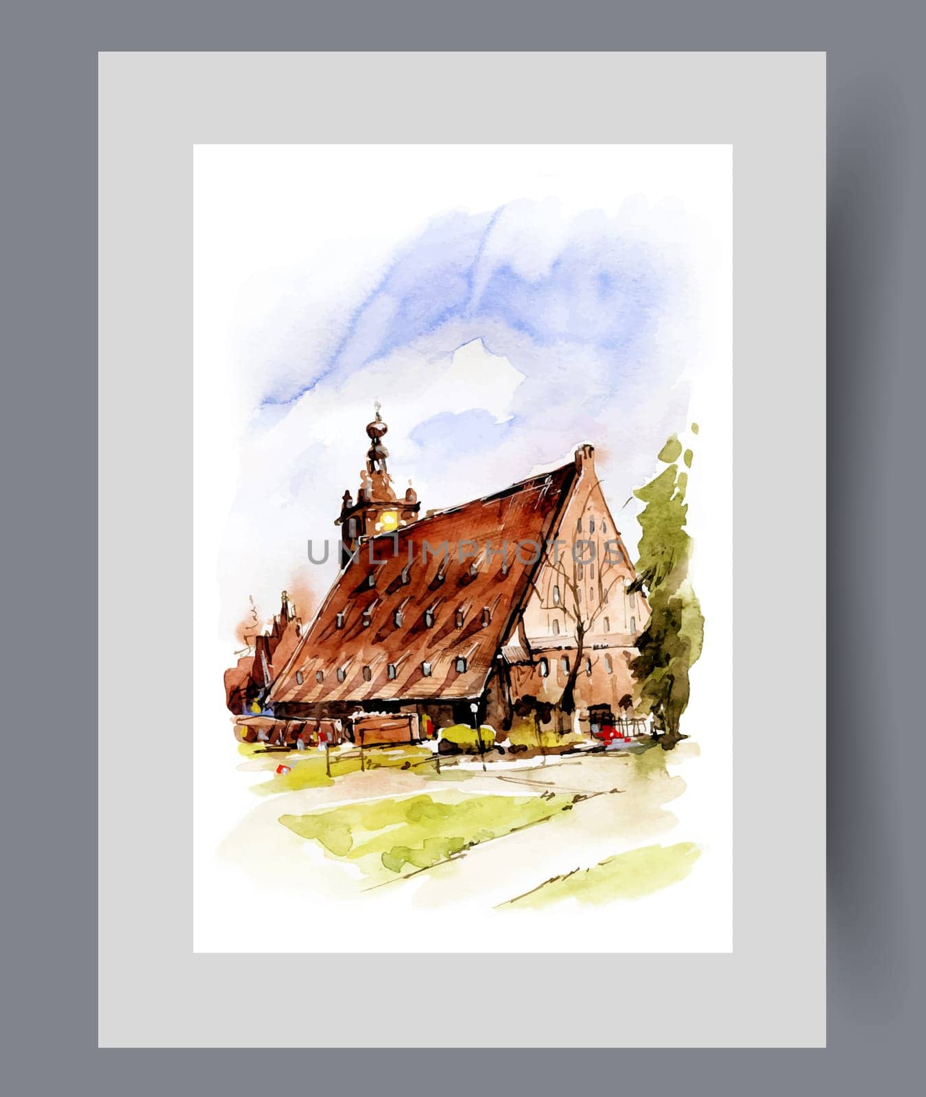 Unusual architecture with windows on huge roof on cityscape on print. Watercolor poster. Artwork with summer cityscape of Polish city of Gdansk in sunny weather, in frame with decor for wall art