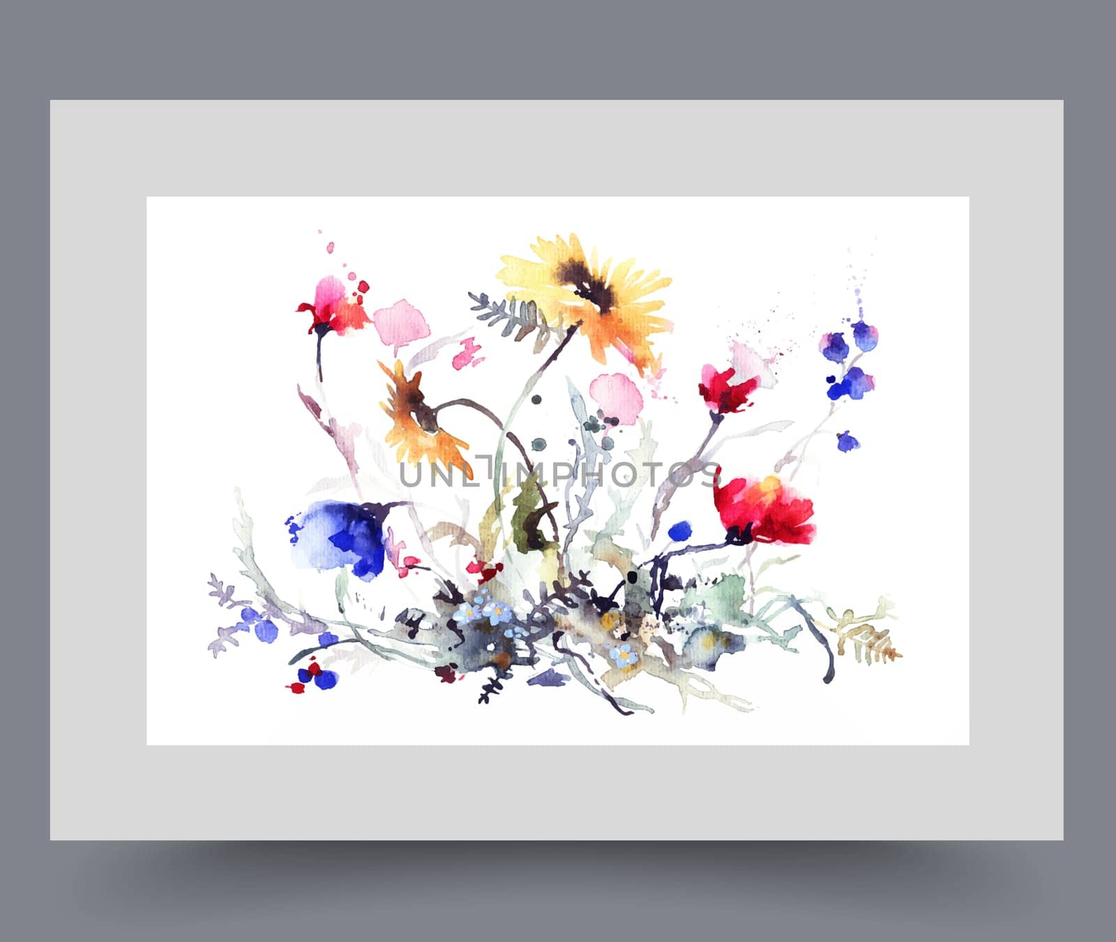 Summer flowers with colorful buds and petals grow on ground, on white background. Spring flowers and herbs on watercolor poster with wild flowers for preparing gift bouquet for girlfriend