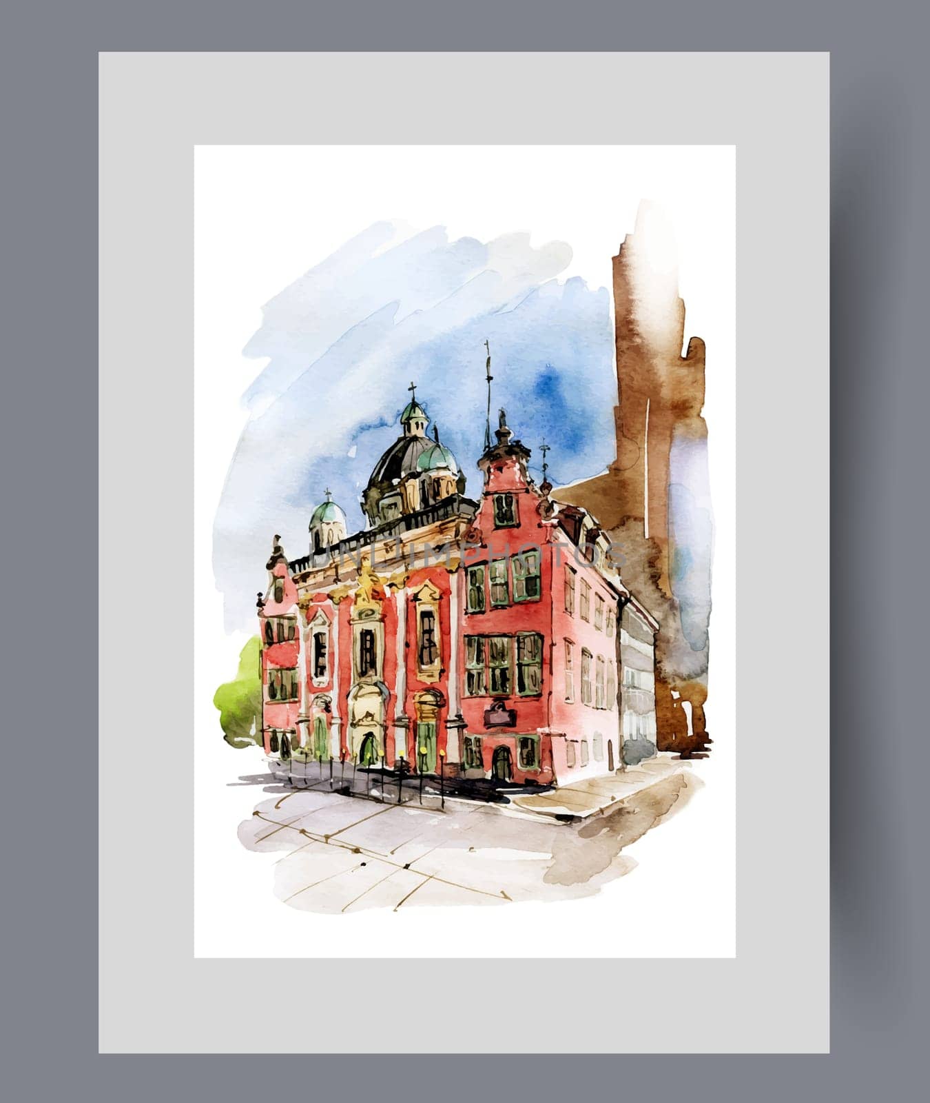 Building of catholic church or cathedral, with cross on dome on wall art. Watercolor artwork. Print with catholic church on sunny streets of Gdansk in Poland, in frame with decor for poster