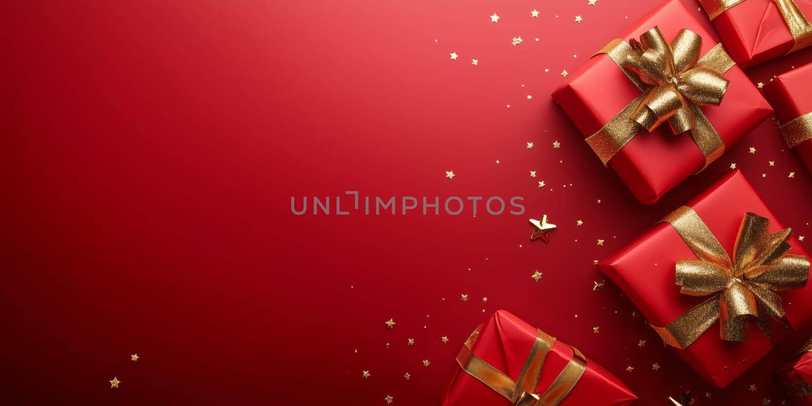 Christmas background card with red gifts and copyspace copy space decoration panorama created with generative ai