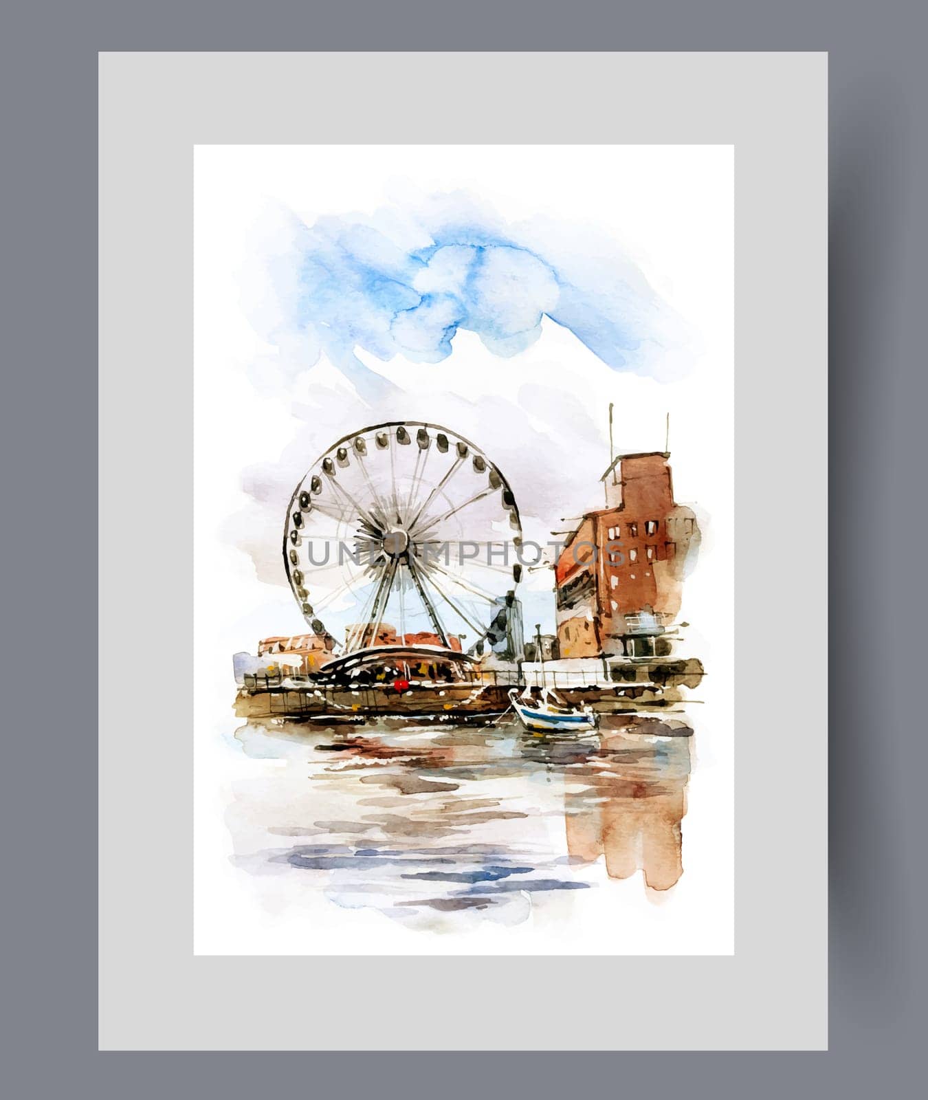 Cityscape with Ferris wheel near embankment in city of Gdansk in Poland on print. Watercolor poster. Artwork with cityscape with carousel and boat pier, in frame with decor for wall art