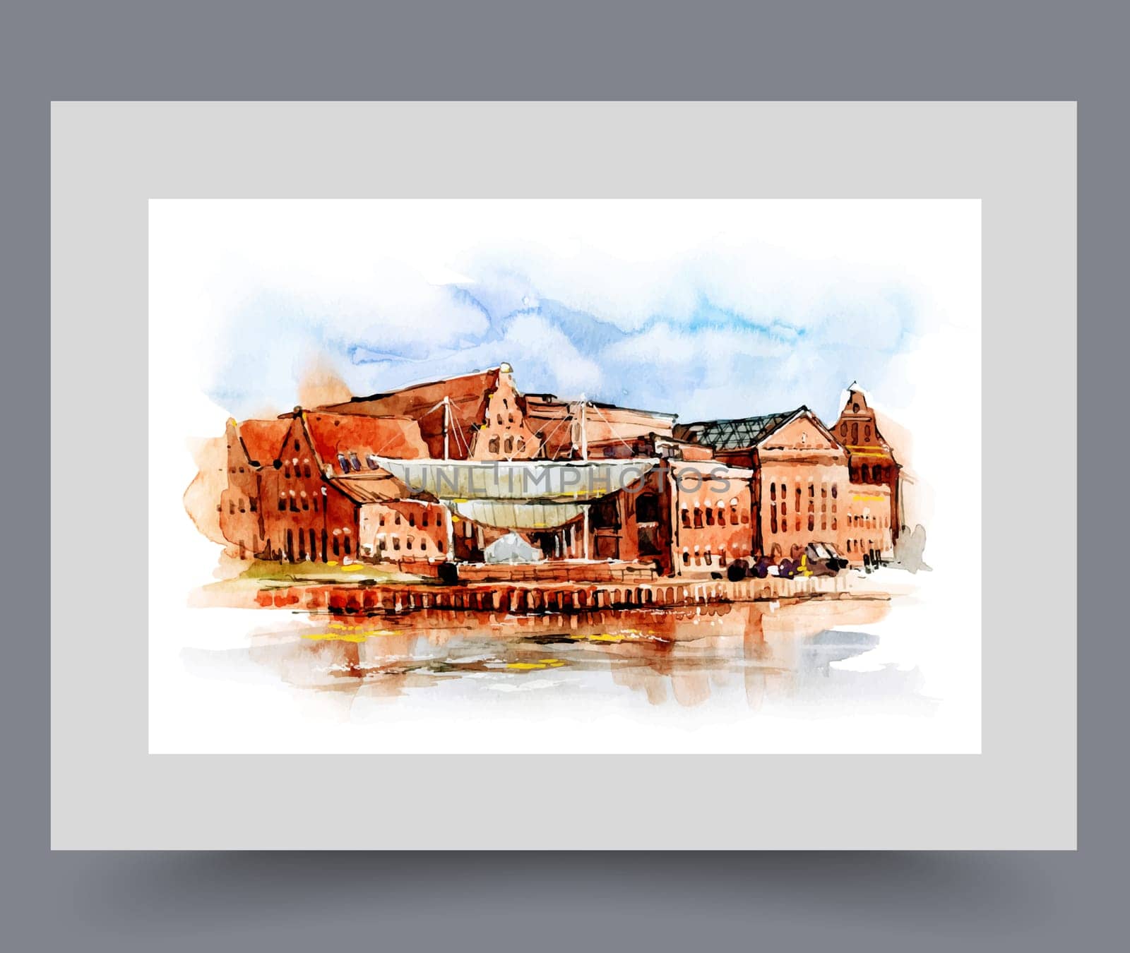 City panorama with river bank and red brick buildings on wall art. Watercolor print. Artwork with embankment in Gdansk in Poland in sunny summer weather, in frame with decor for poster