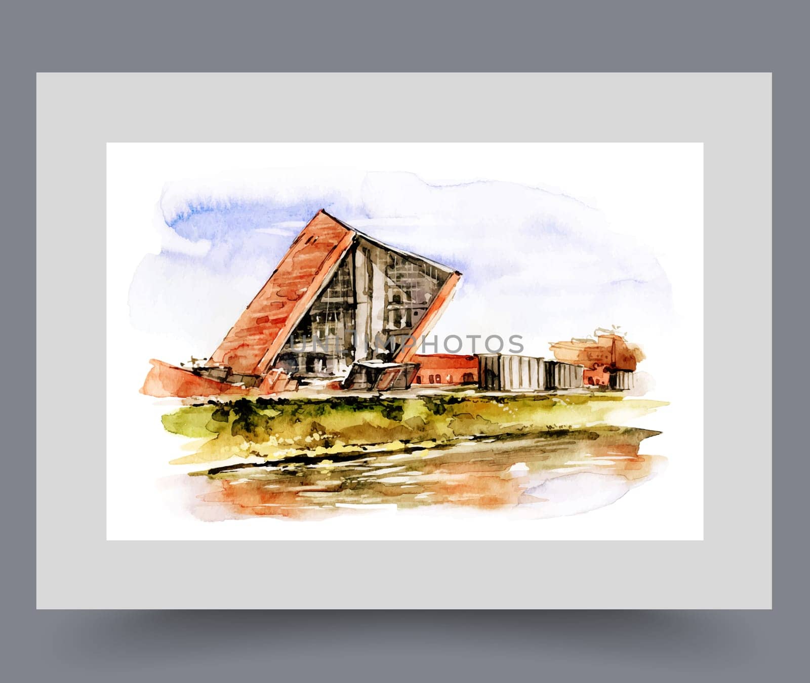 Embankment with leaning building under blue sky in city of Gdansk in Poland on wall art. Watercolor artwork. Poster with modern architecture of europe and embankment, in frame with decor for print