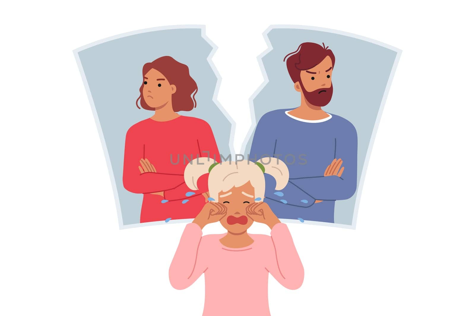 Family dispute destroys psyche of child crying standing near torn portrait of parents. Little girl cries after learning about family dispute and divorce of mother and father after domestic discord