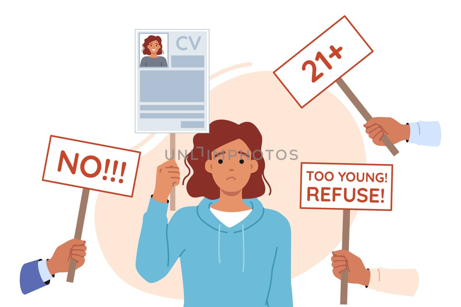 Age discrimination prevents young woman with CV from getting job, standing among hands with ageism posters. Problem of ageism in society violates rights of graduates without real career experience