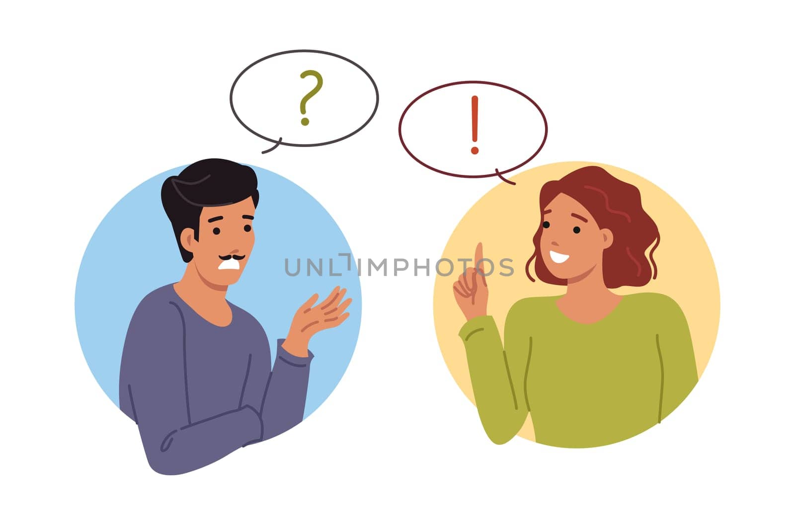 Conversation man and woman discussing important question together to find correct answer and solve problem. Girl with smile advises guy during conversation, wanting to help friend cope with failures