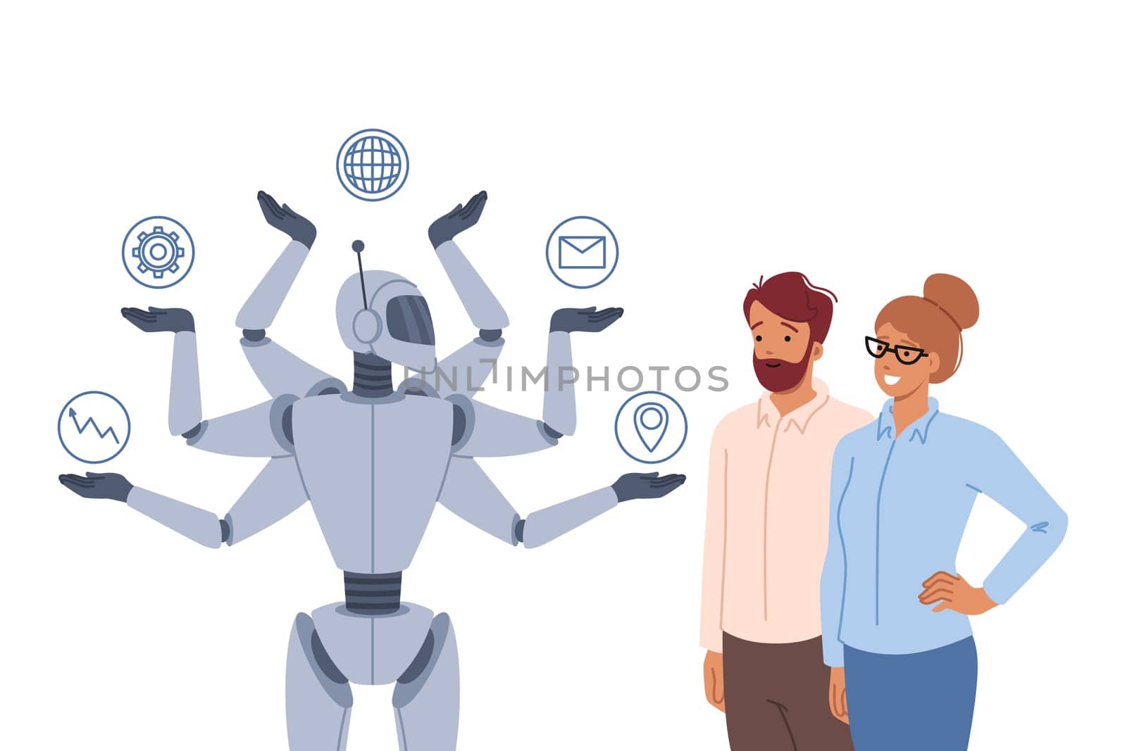 Synergy between multitasking robot and successful business people using modern technologies to increase productivity. Multi-armed ai robot quickly completes assigned tasks and corporate KPI