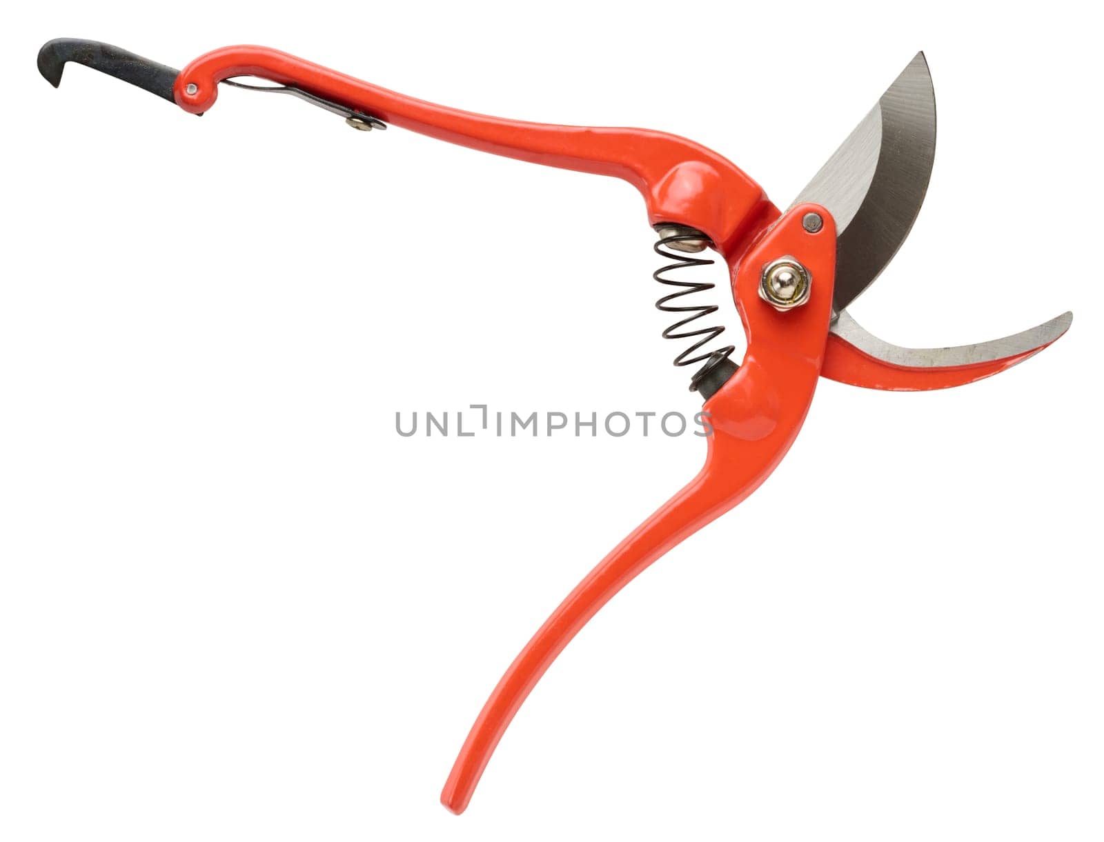 Hand held metal garden pruner on isolated background, close up
