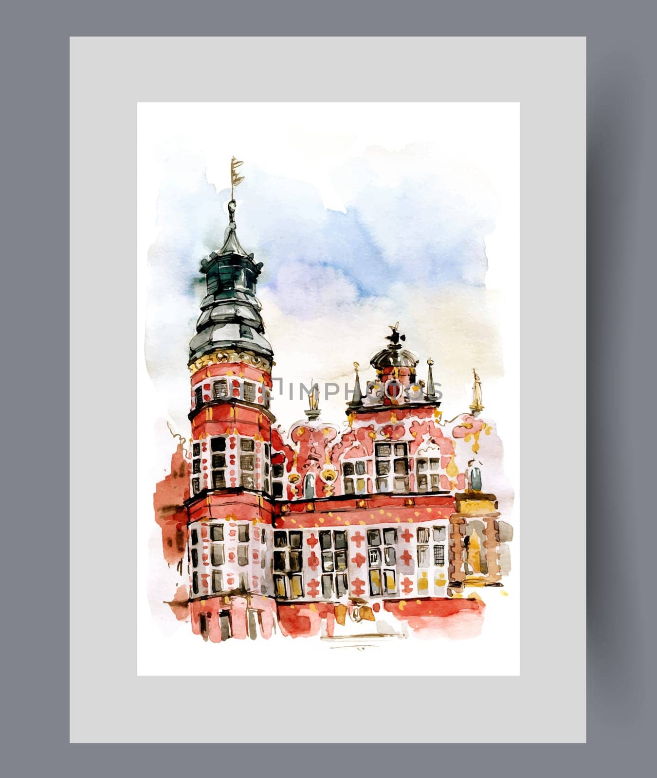 Old red building with tower with flag on top under blue sky on print. Watercolor poster. Artwork with architectural landmark and historically valuable building, in frame with decor for wall art